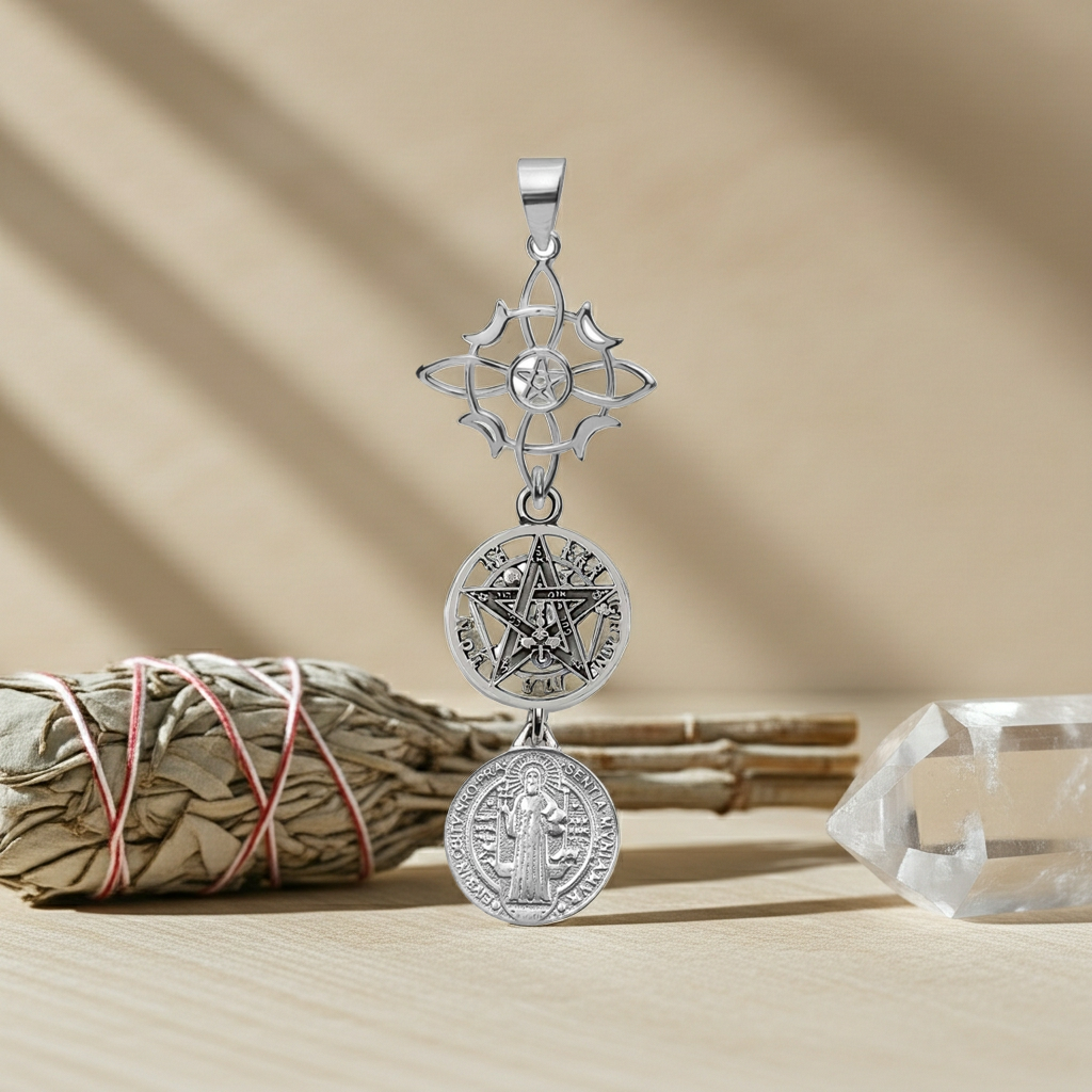 Colgante Triple Protección en Plata 925 — Nudo de Brujas, Tetragramatón y San Benito | Amuleto Protector