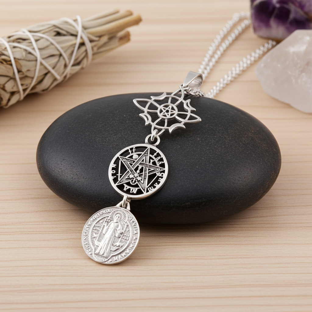 Colgante Triple Protección en Plata 925 — Nudo de Brujas, Tetragramatón y San Benito | Amuleto Protector