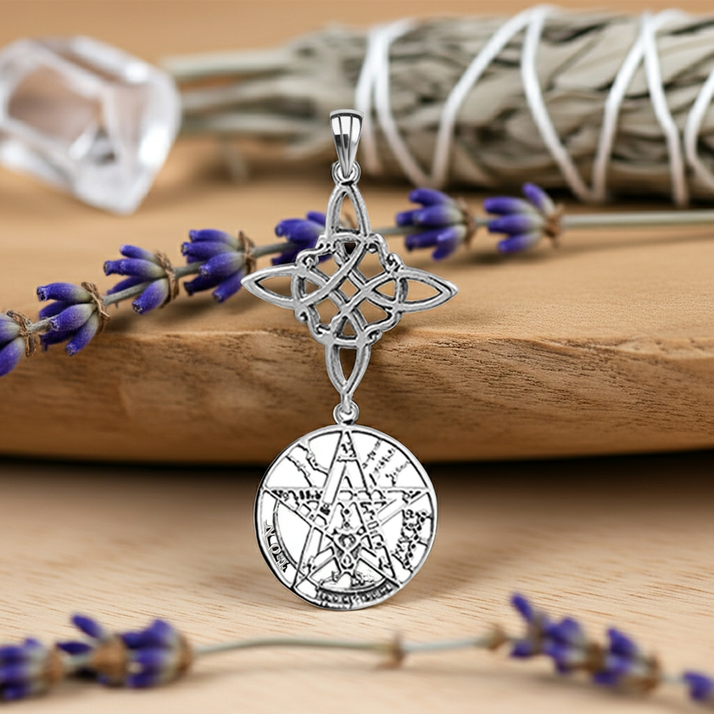 Colgante plata tetragramaton y nudo de brujas, 12 mm