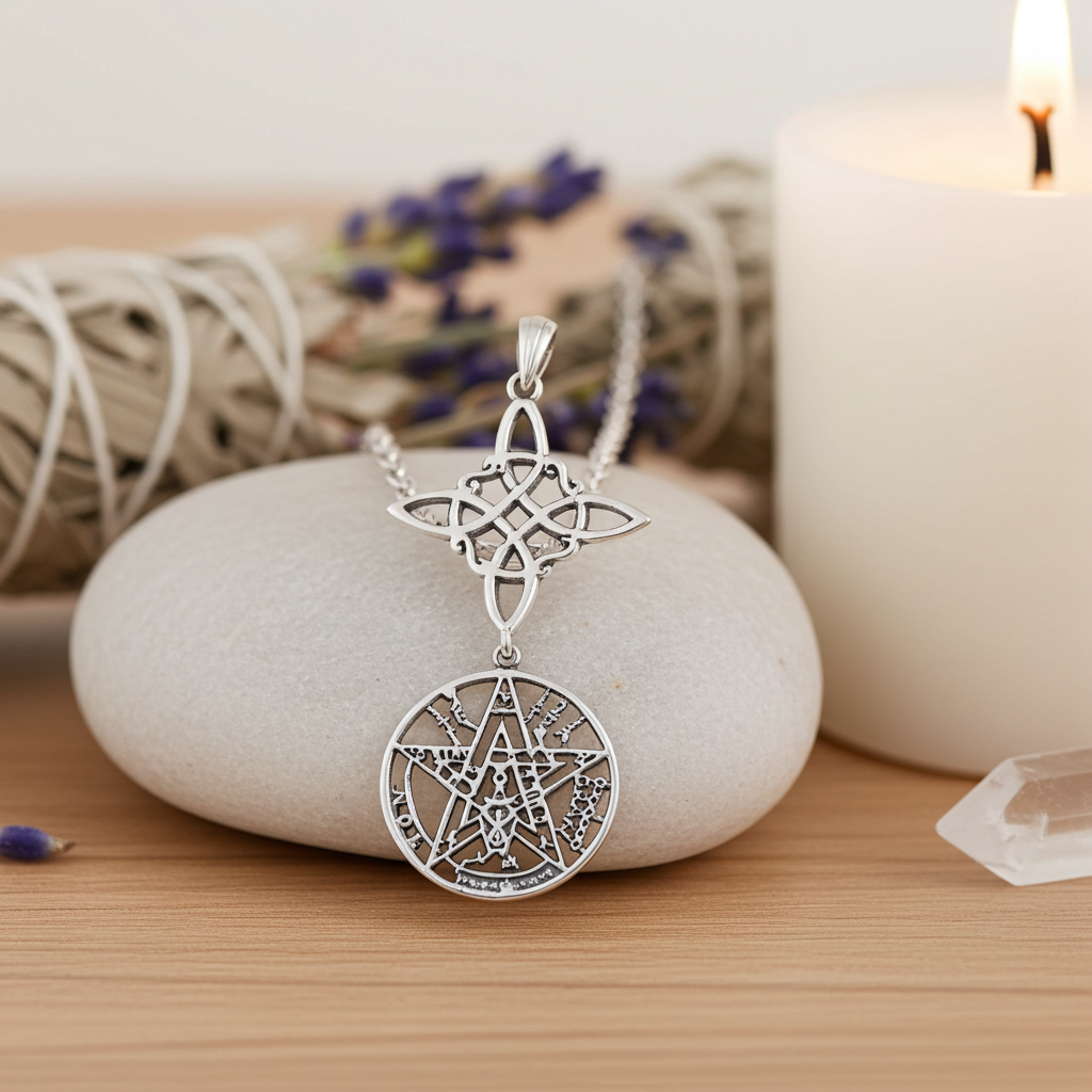 Colgante plata tetragramaton y nudo de brujas, 12 mm
