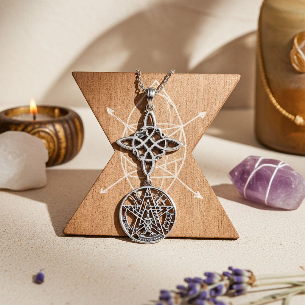 Colgante plata tetragramaton y nudo de brujas, 12 mm
