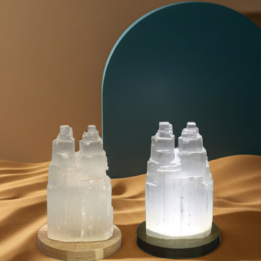 Lámpara de Selenita Blanca Catedral Doble 22 cm – Purificación, Energía y Luz Calmante