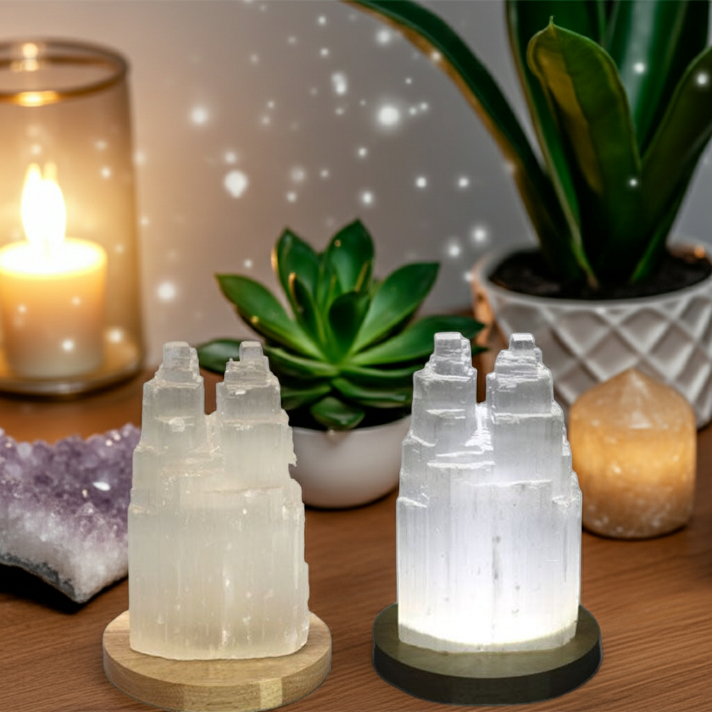 Lámpara de Selenita Blanca Catedral Doble 22 cm – Purificación, Energía y Luz Calmante