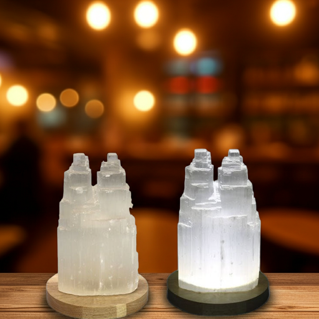 Lámpara de Selenita Blanca Catedral Doble 22 cm – Purificación, Energía y Luz Calmante