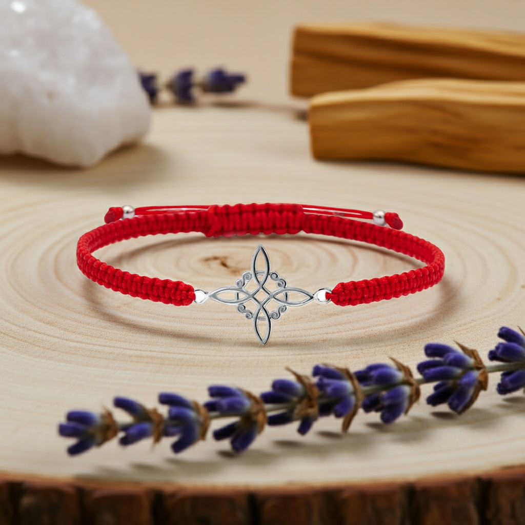 Pulsera de Macramé Roja o Negra con Nudo de Brujas en Plata 925 — Protección y Energía