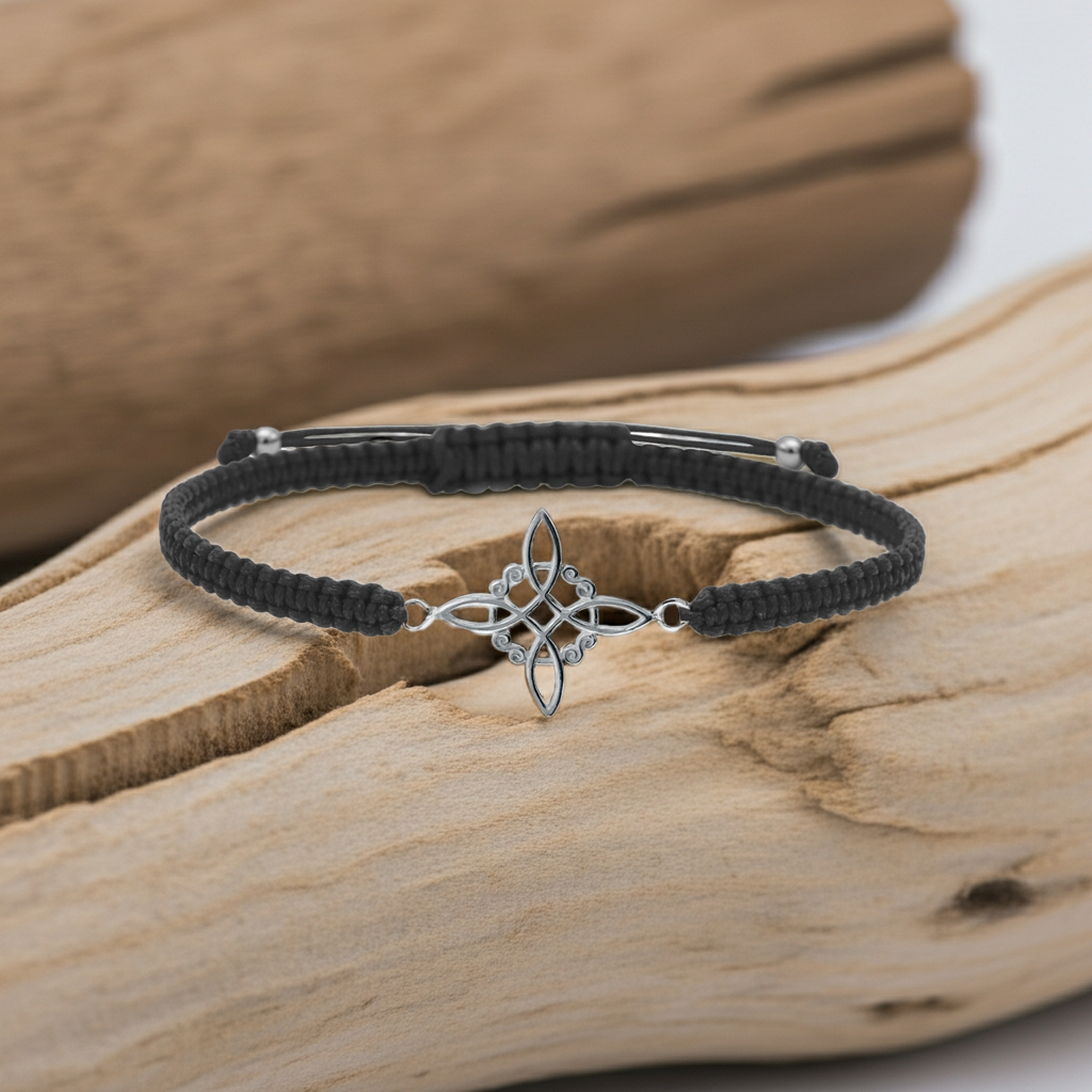 Pulsera de Macramé Roja o Negra con Nudo de Brujas en Plata 925 — Protección y Energía