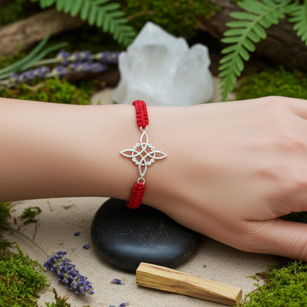 Pulsera de Macramé Roja o Negra con Nudo de Brujas en Plata 925 — Protección y Energía