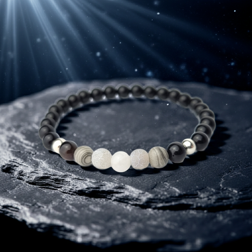 Pulsera Protección Fase Lunar – Minerales 6 mm y Plata de Ley (Onix, Piedra Luna, Ágata, Turmalina)