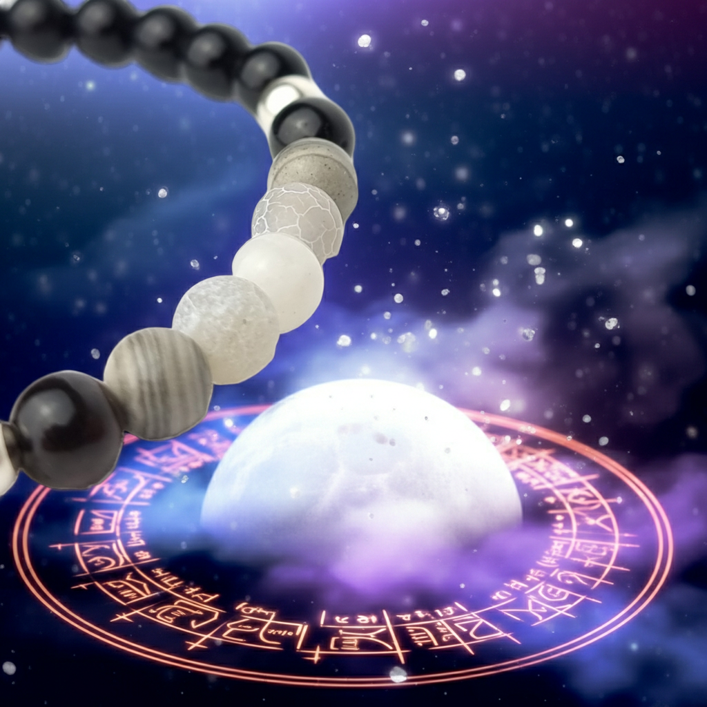 Pulsera Protección Fase Lunar – Minerales 6 mm y Plata de Ley (Onix, Piedra Luna, Ágata, Turmalina)