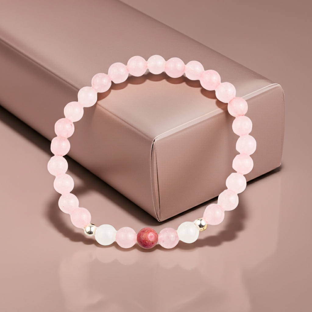 Pulsera Protección Gestación y Embarazo – Cuarzo Rosa, Piedra Luna y Rodocrosita