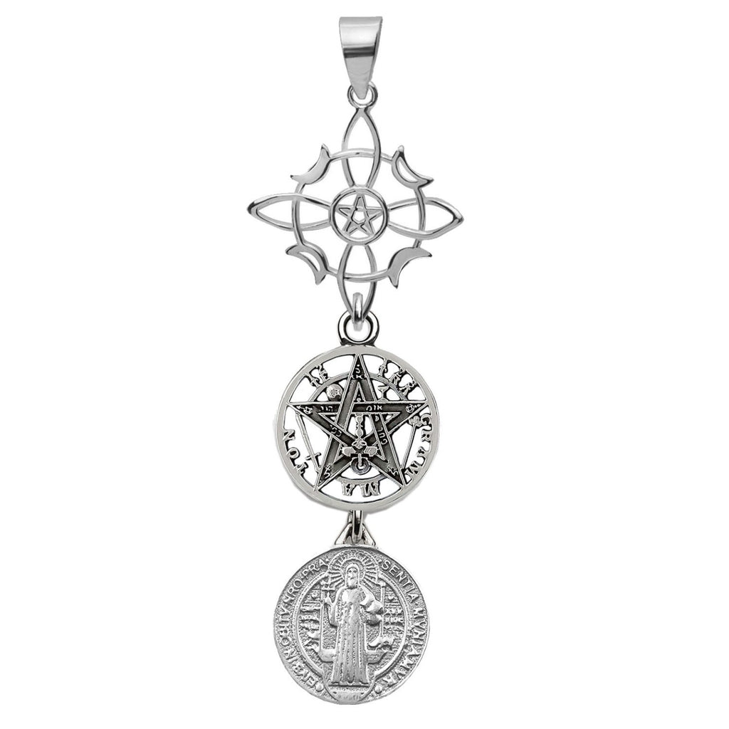 Colgante Triple Protección en Plata 925 — Nudo de Brujas, Tetragramatón y San Benito | Amuleto Protector