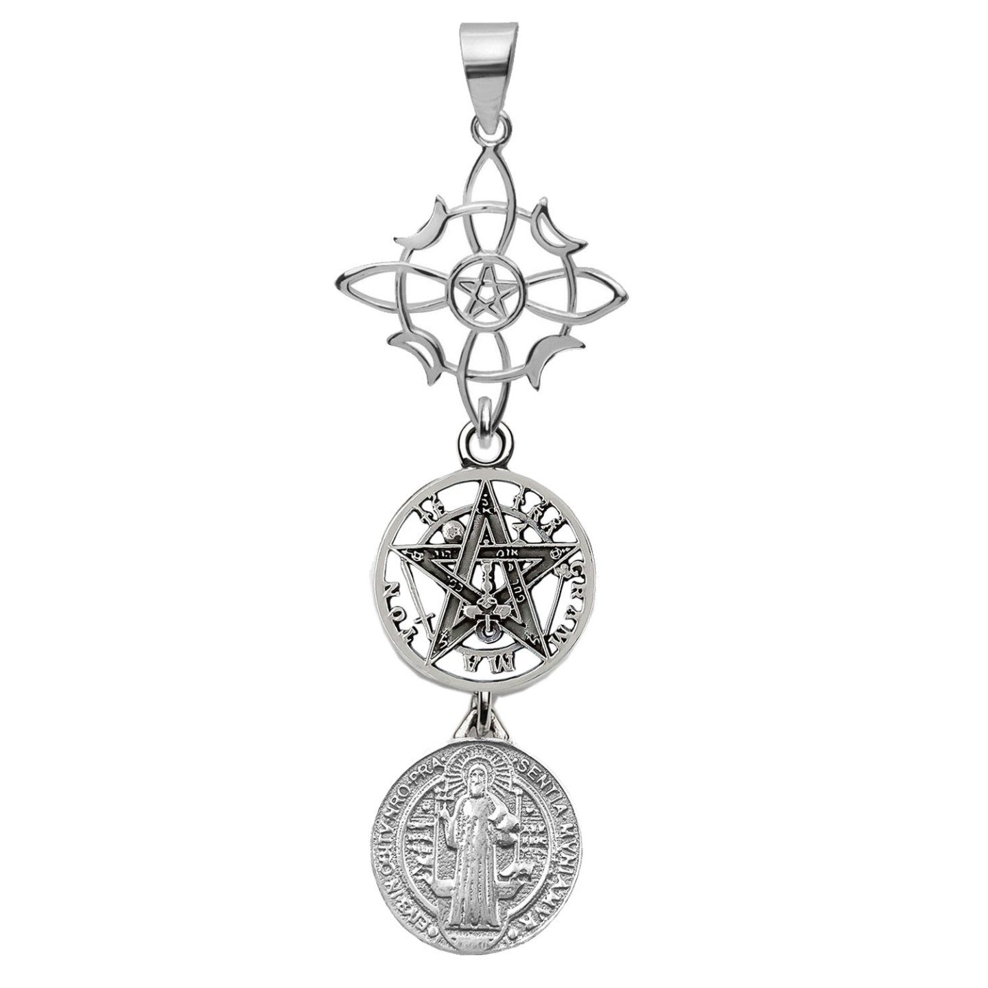 Colgante Triple Protección en Plata 925 — Nudo de Brujas, Tetragramatón y San Benito | Amuleto Protector