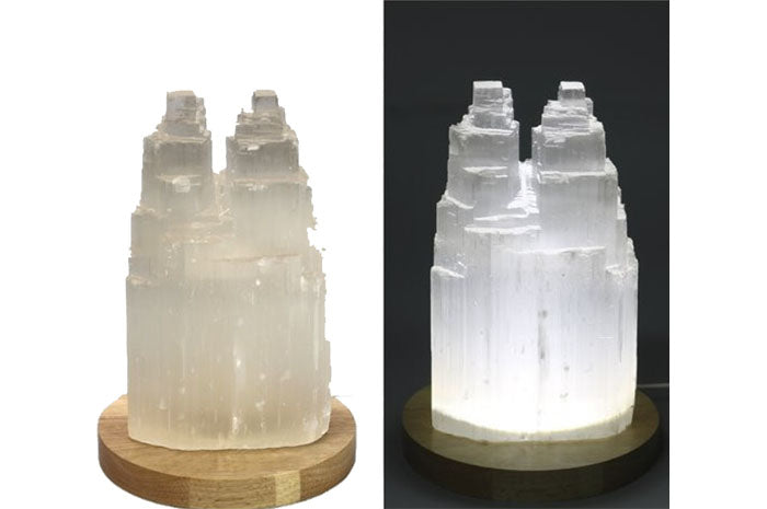Lámpara de Selenita Blanca Catedral Doble 22 cm – Purificación, Energía y Luz Calmante