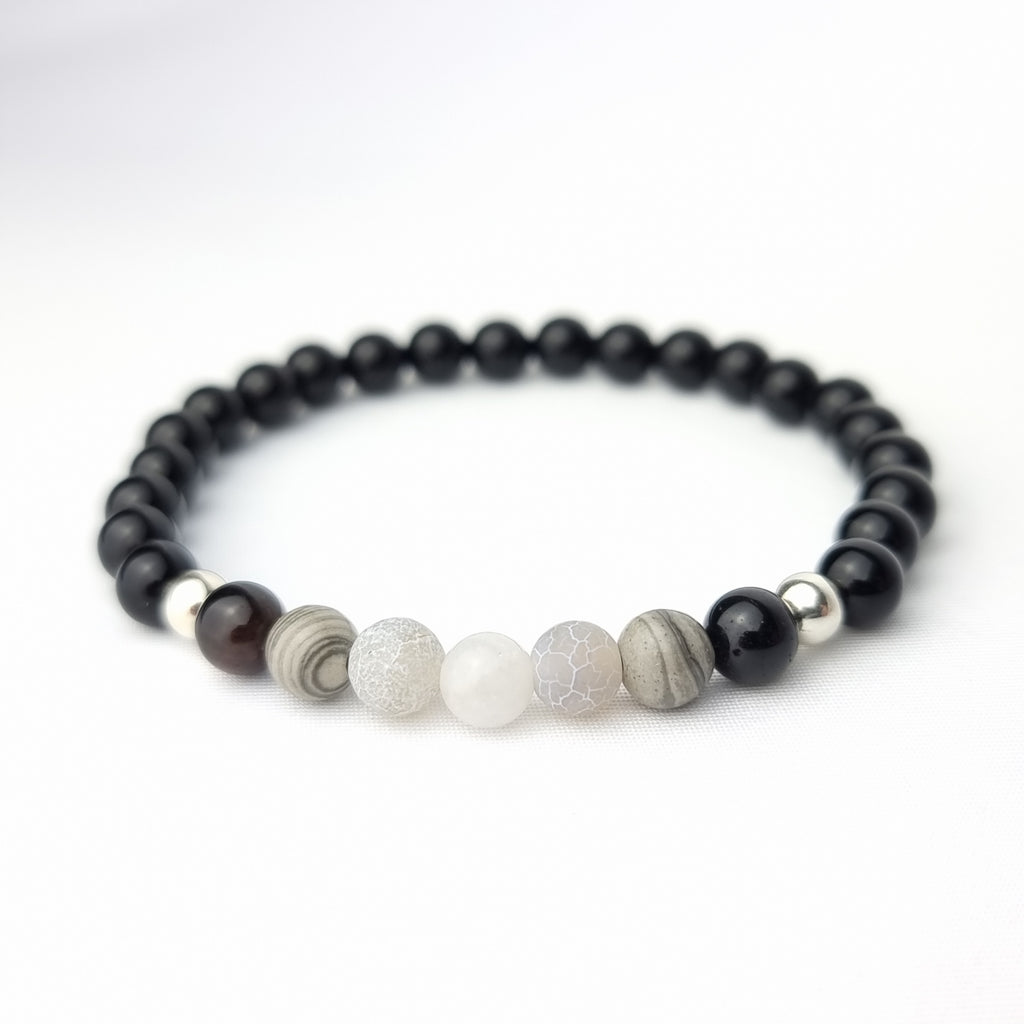 Pulsera Protección Fase Lunar – Minerales 6 mm y Plata de Ley (Onix, Piedra Luna, Ágata, Turmalina)